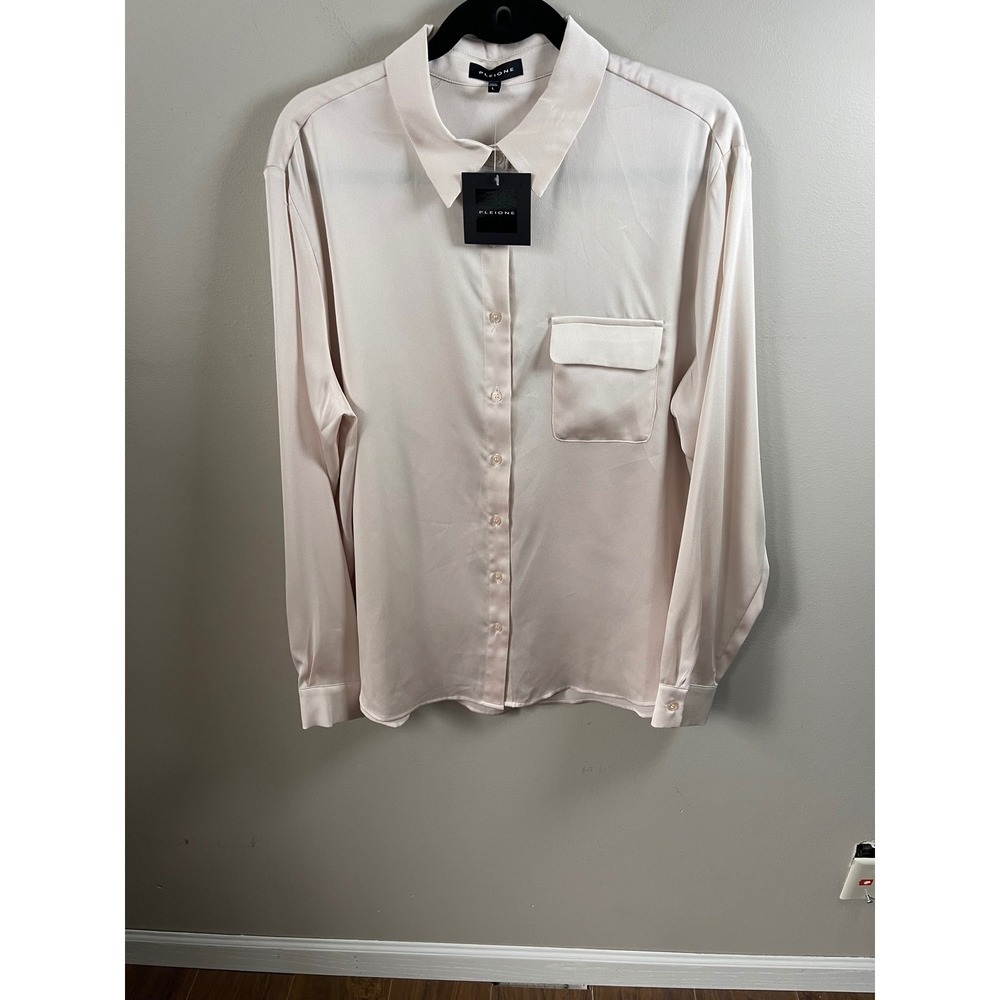 Pleione Champagne Pink Long Sleeve Button Down Blouse career casual party Chic